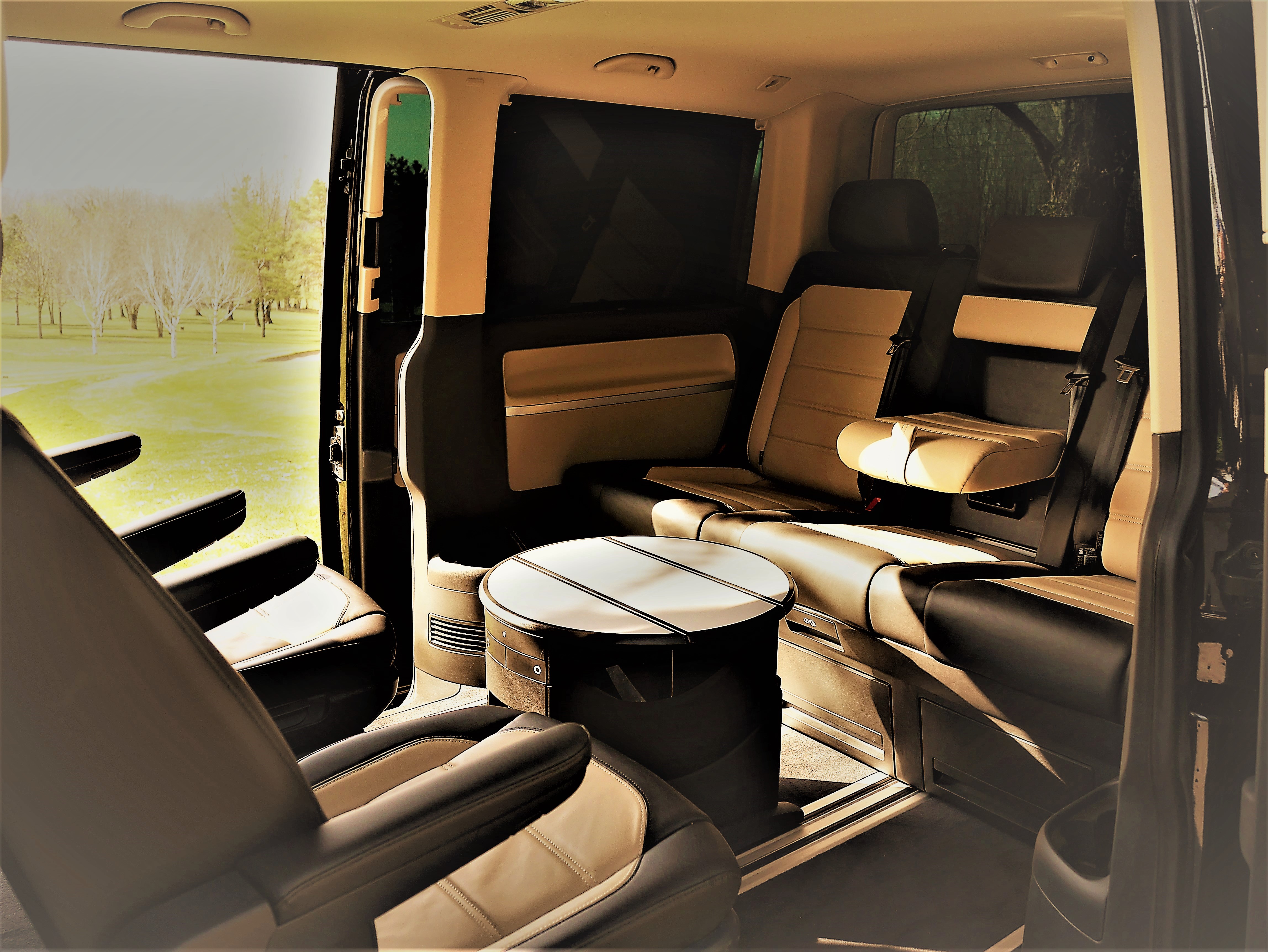 The interior of the van that takes to your destination.
